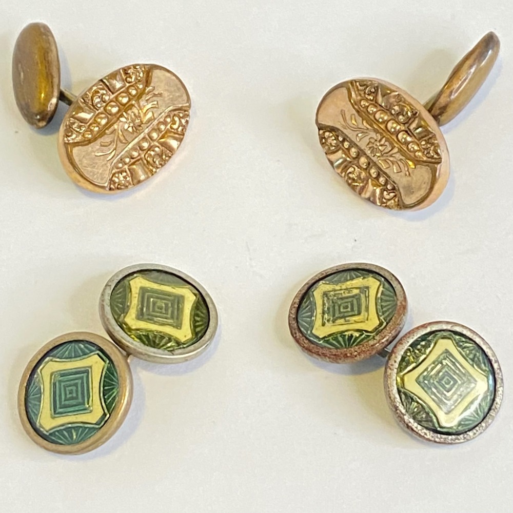 Vintage Art Deco Green Guilloche Enamel Victorian Floral Gold Tone Cufflinks Set